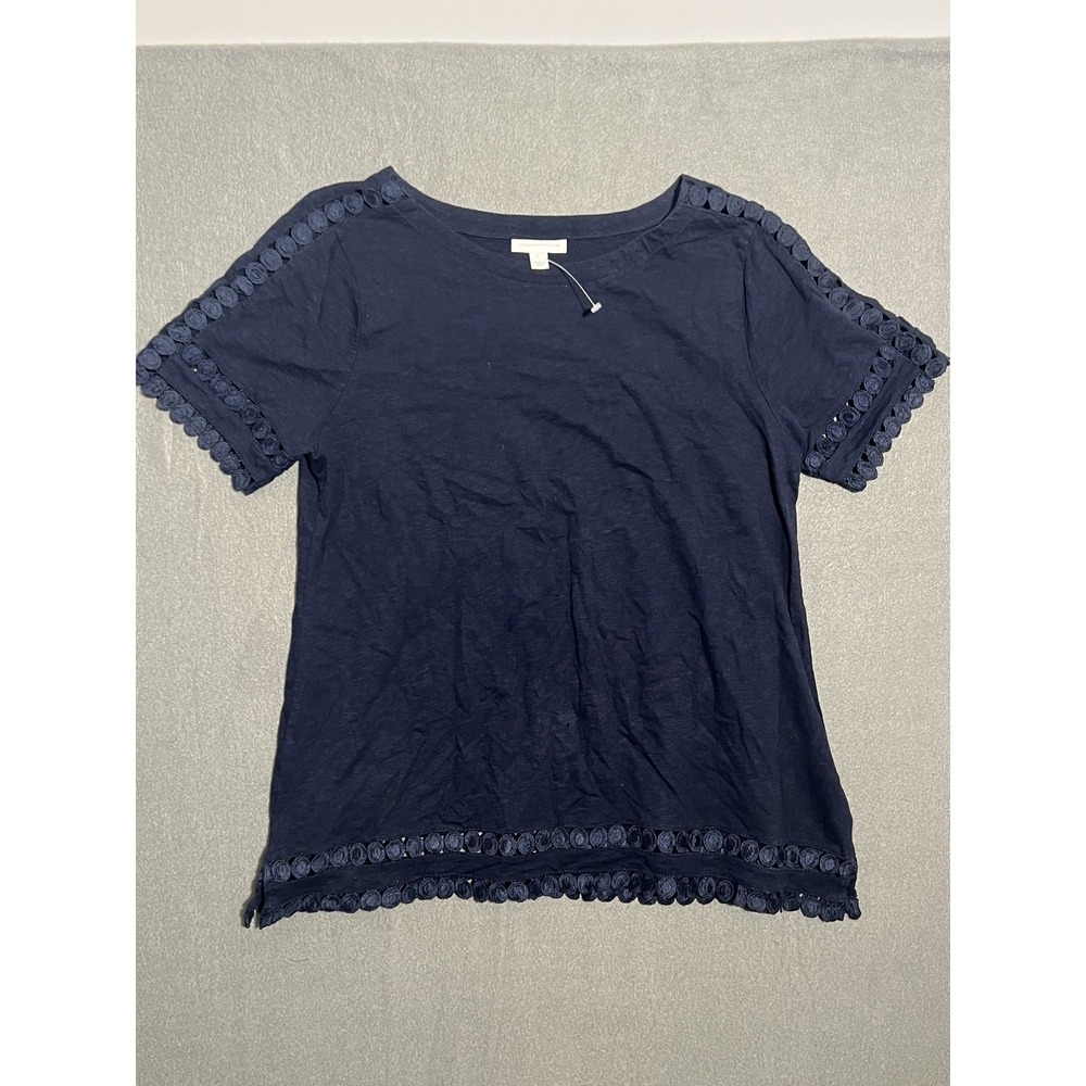 Charter Club Women's Navy Blue Scalloped Eyelet Trim Short Sleeve T-Shirt Size L
